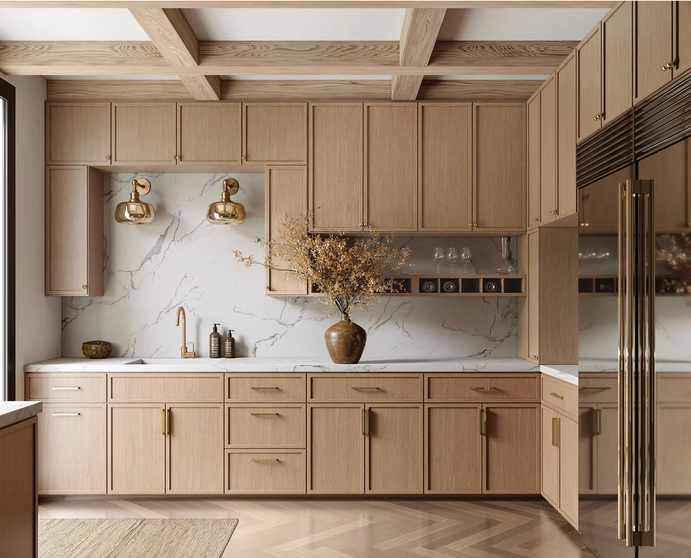 Modern kitchen with wooden cabinets, marble backsplash, and stainless steel appliances.