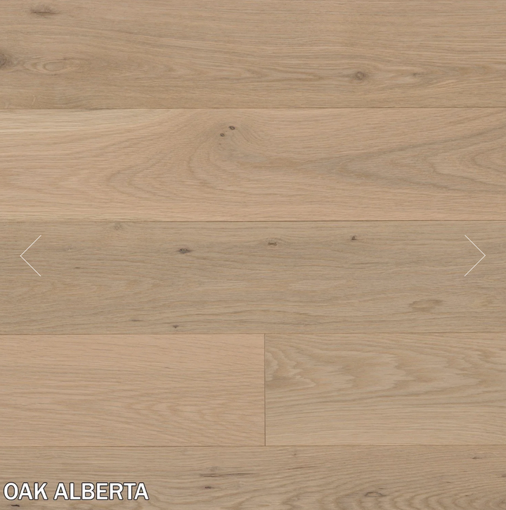 Wooden flooring with 'Oak Alberta' label