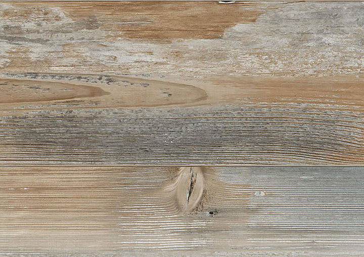 A close-up of weathered wood planks with visible grain, knots, and a distressed finish in natural tan, beige, and gray tones.