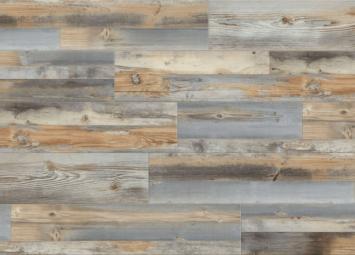 Rustic weathered wood plank flooring pattern with mixed natural tones of gray, beige, brown, and light wood grain.