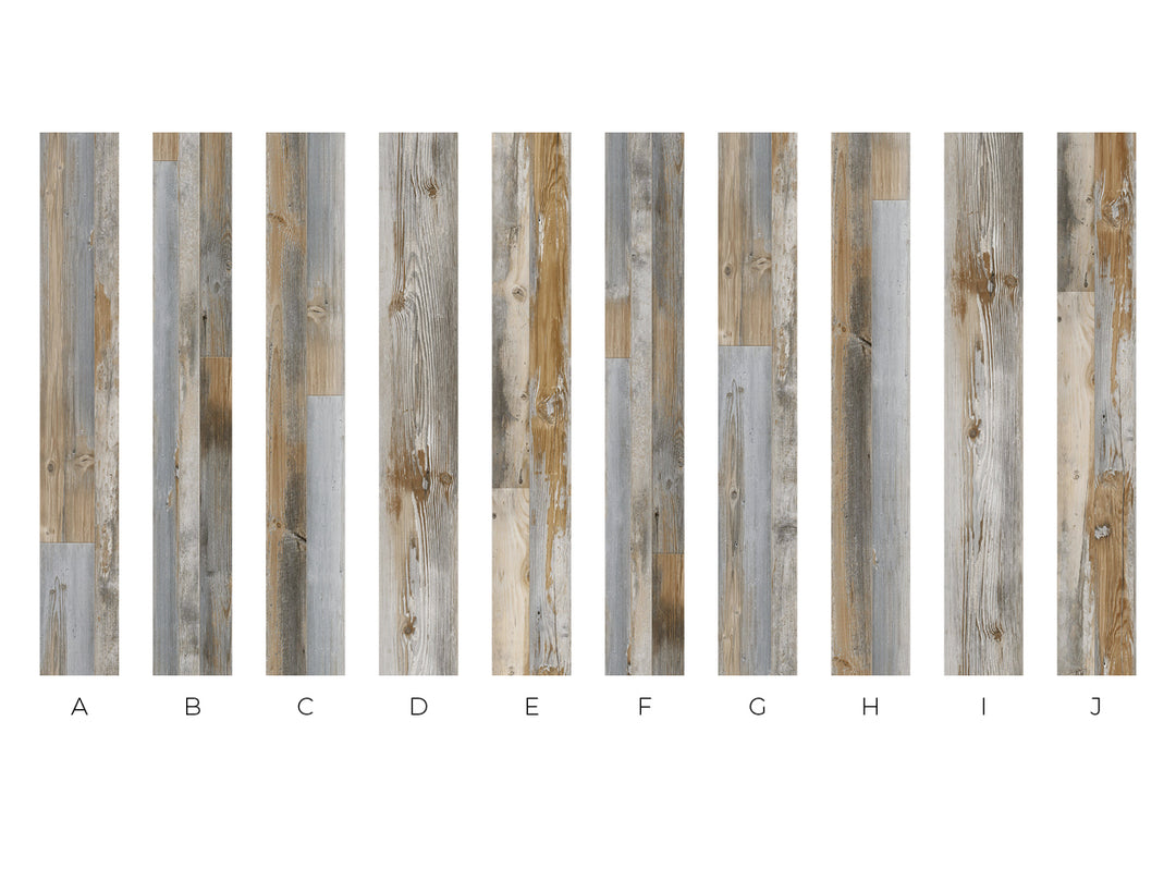 A row of vertical wood-look sample panels labeled A through J on a white background, showing different weathered plank patterns in gray, beige, and brown tones.