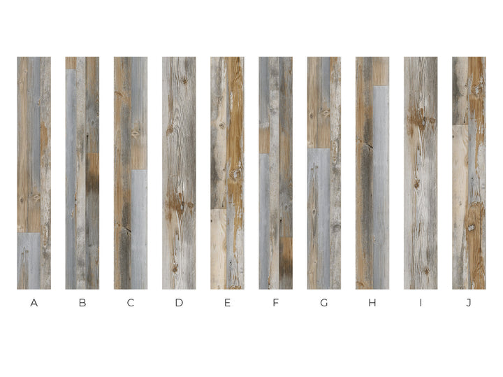 A row of vertical wood-look sample panels labeled A through J on a white background, showing different weathered plank patterns in gray, beige, and brown tones.