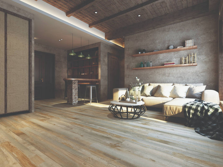 A modern living room with light oak wood plank flooring, a beige sectional sofa, a black wire coffee table, and a rustic concrete wall with floating shelves.
