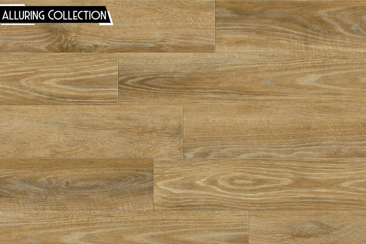 Wood-look flooring planks in a warm tan and brown tone with visible grain patterns, shown as a flat lay. A black label in the top-left corner reads 'ALLURING COLLECTION'.