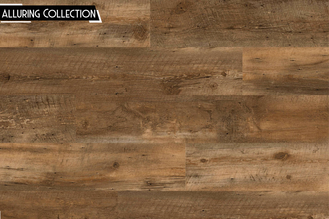 Rustic brown wood plank flooring sample with visible grain, knots, and natural variation, with a small 'ALLURING COLLECTION' label in the top-left corner.
