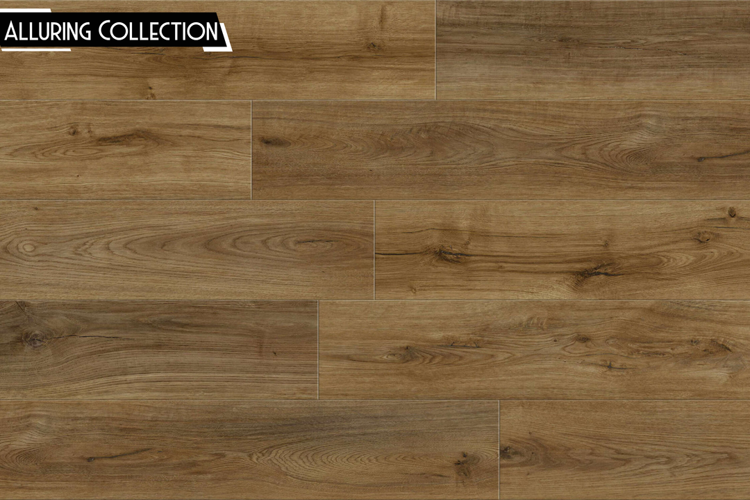 Wood-look plank flooring sample showing natural brown wood grain patterns with varying tones from light tan to medium brown, with an 'ALLURING COLLECTION' label in the top-left corner.