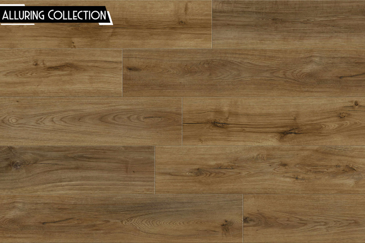 Wood-look plank flooring sample showing natural brown wood grain patterns with varying tones from light tan to medium brown, with an 'ALLURING COLLECTION' label in the top-left corner.