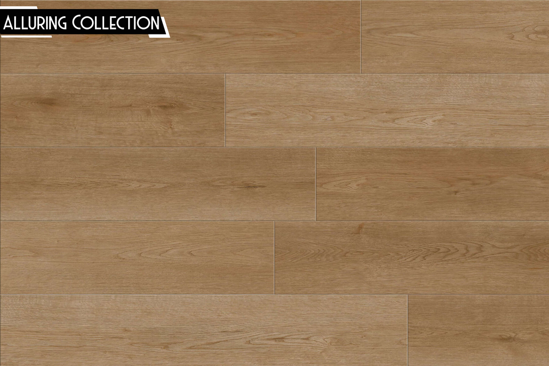 Light brown wood-look flooring planks arranged in a staggered pattern, with a black and white 'ALLURING COLLECTION' label in the top-left corner.