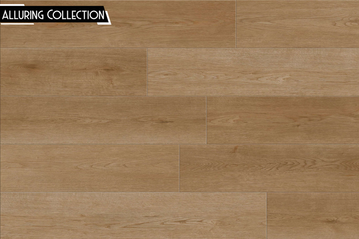 Light brown wood-look flooring planks arranged in a staggered pattern, with a black and white 'ALLURING COLLECTION' label in the top-left corner.
