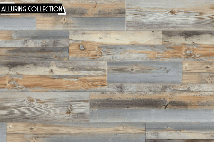 A close-up of rustic wood planks in mixed weathered tones, including gray, beige, brown, and light wood grain, with a black label in the top-left corner reading 'ALLURING COLLECTION'.