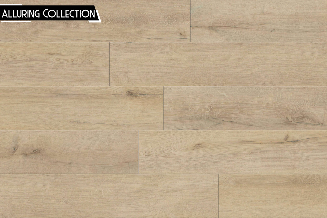 Light oak wood plank flooring sample with visible grain and a small 'ALLURING COLLECTION' label in the top-left corner.
