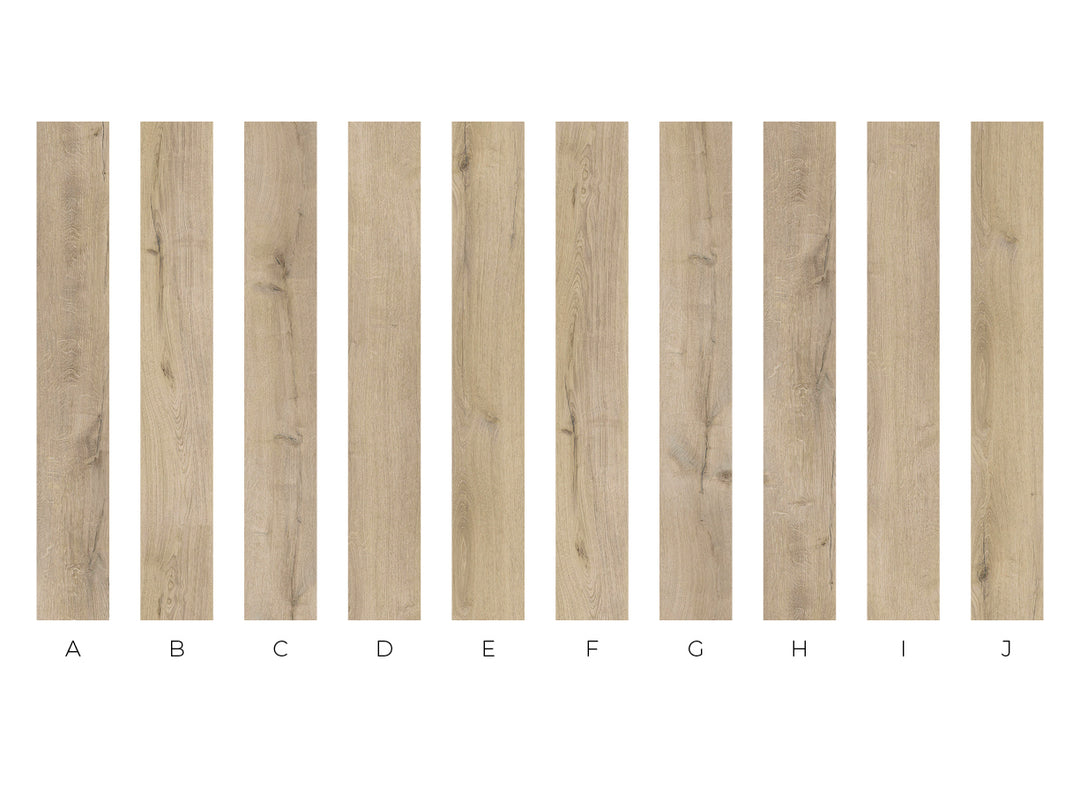 Eleven vertical wood grain sample strips labeled A through J on a white background, showing different light oak color and grain variations.