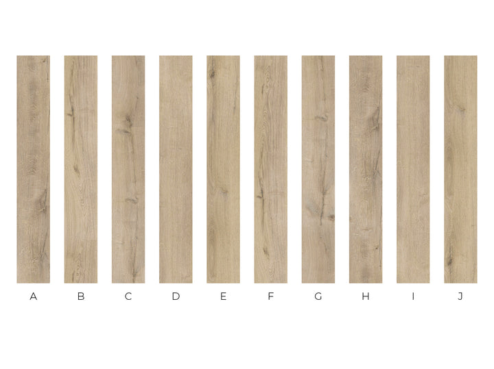 Eleven vertical wood grain sample strips labeled A through J on a white background, showing different light oak color and grain variations.