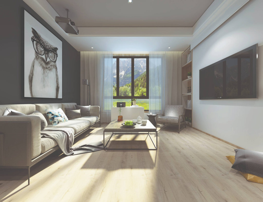 Modern living room with a large window, sofa, coffee table, and TV.