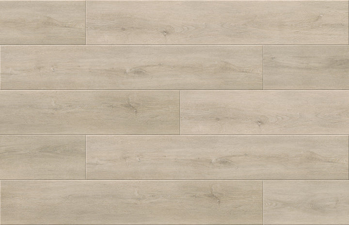Light beige wood-look floor tiles arranged in a staggered brick pattern, showing natural grain and subtle tonal variation.