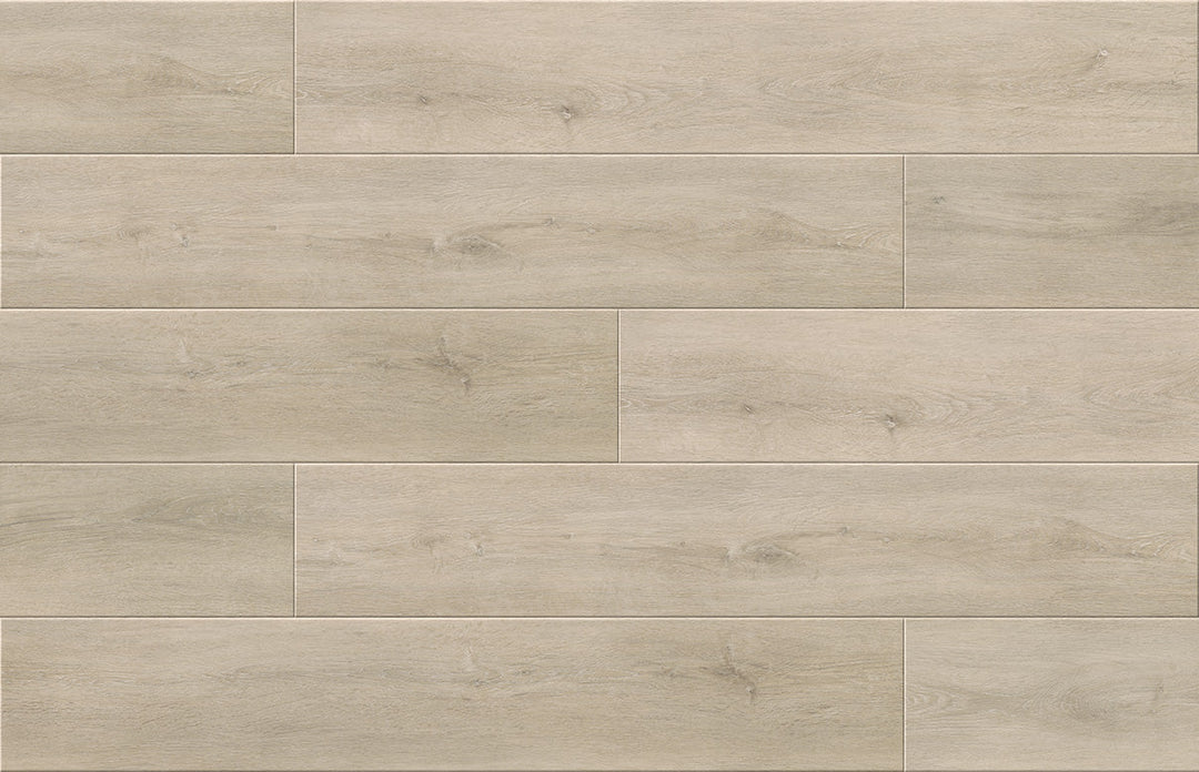 Light beige wood-look floor tiles arranged in a staggered brick pattern, showing natural grain and subtle tonal variation.