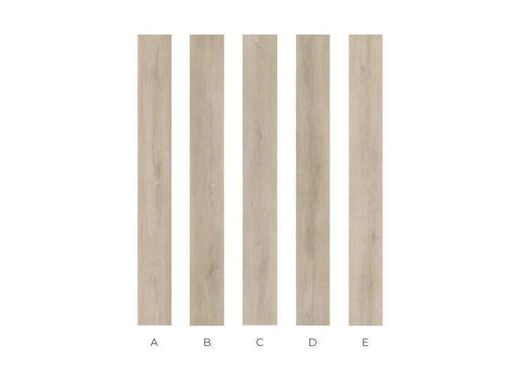 Five vertical wood-look sample strips labeled A through E on a white background, showing a light beige wood grain finish.