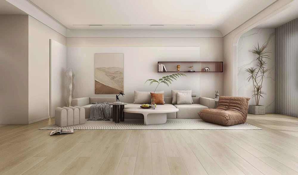 Modern living room with beige walls, wooden floor, and minimal decor.