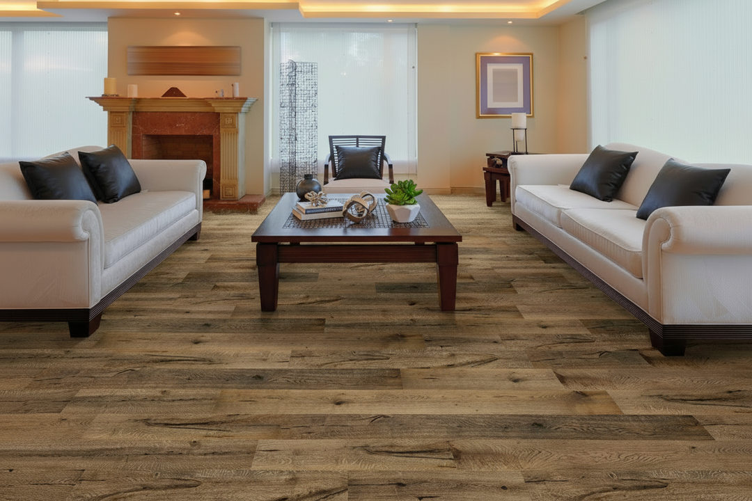Living room with wooden flooring, white sofas, and a coffee table.