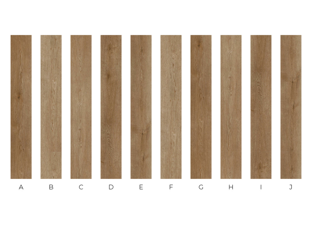 Ten vertical wood-look sample panels labeled A through J on a white background, showing different warm brown wood tones and grain patterns.