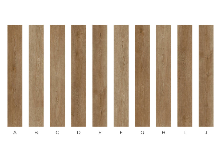 Ten vertical wood-look sample panels labeled A through J on a white background, showing different warm brown wood tones and grain patterns.