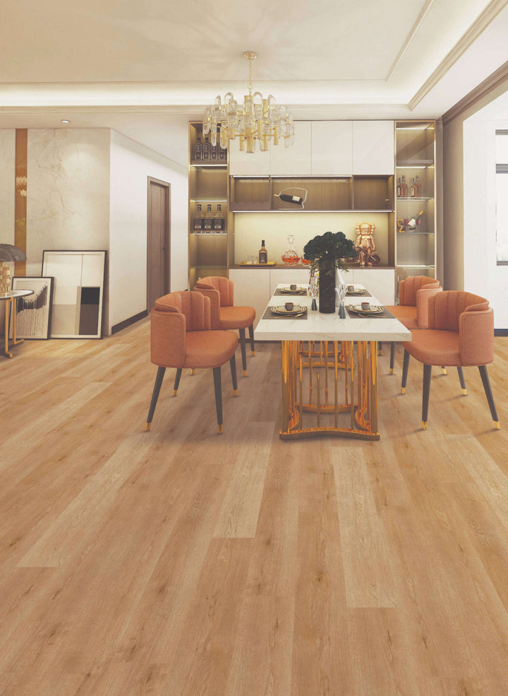Modern dining room with wooden flooring, chairs, and a chandelier.