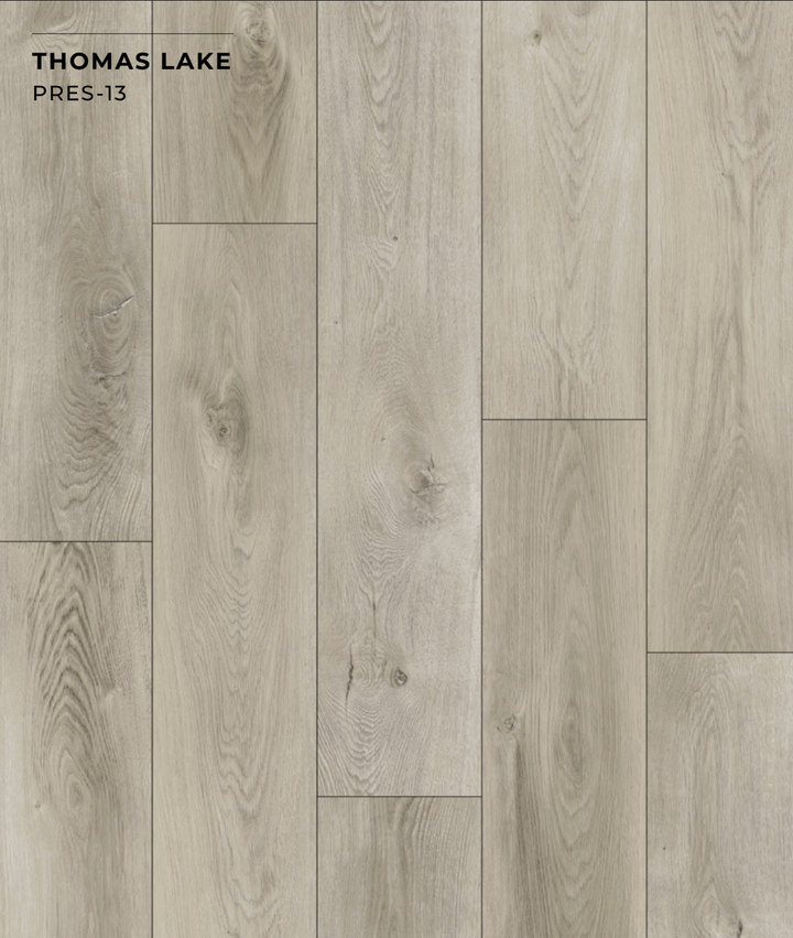 Wooden flooring with a grayish-brown finish, labeled 'Thomas Lake PRES-13'.