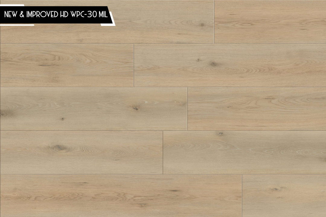 Light oak wood-look flooring planks with visible grain and knots, shown in a staggered layout. A black label in the top-left corner reads 'NEW & IMPROVED HD WPC-30 ML'.