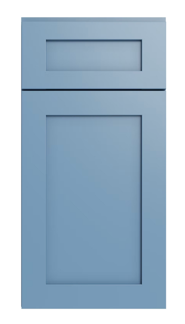 Blue cabinet door with a rectangular design on a white background