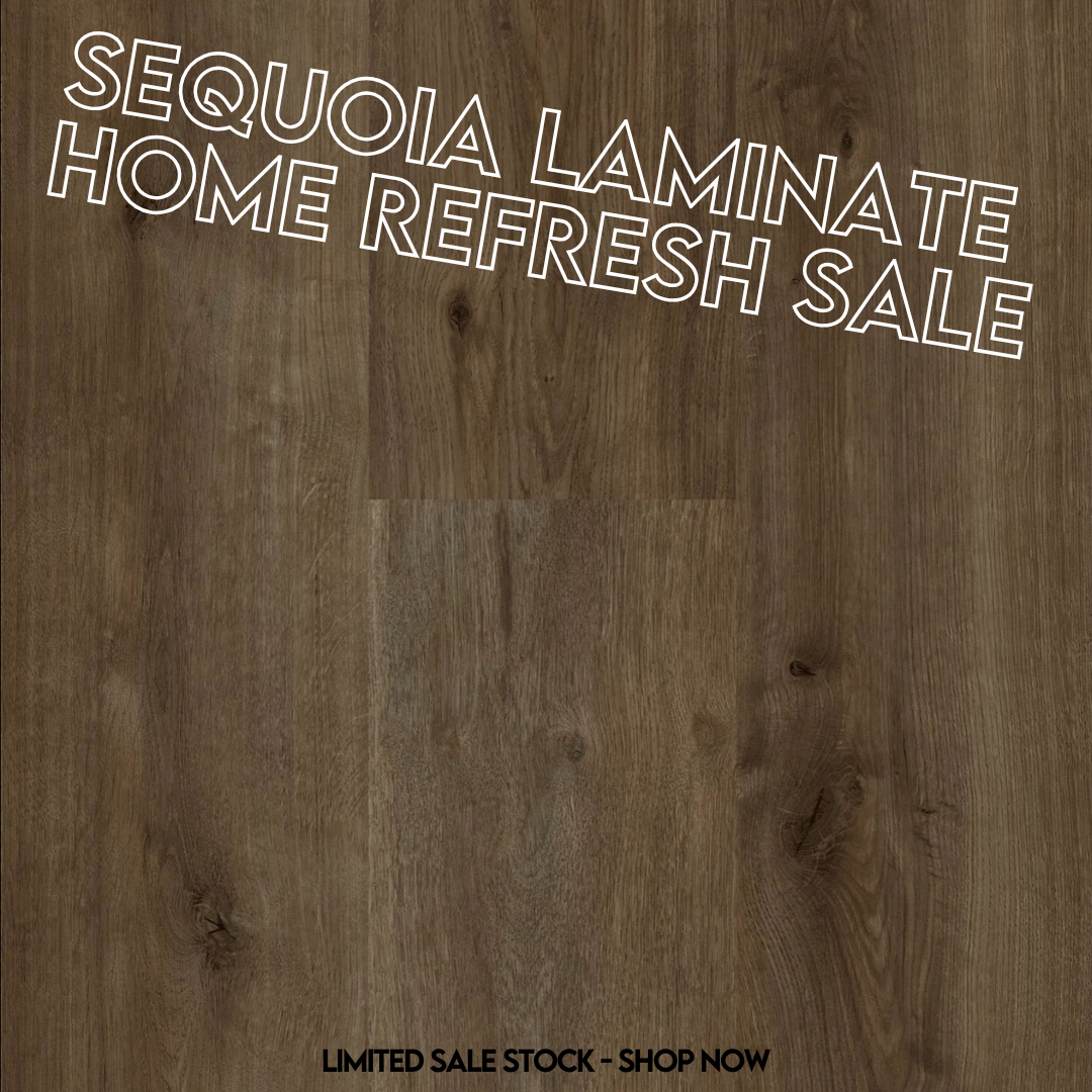 Sequoia laminate flooring with promotional text overlay on a wooden background