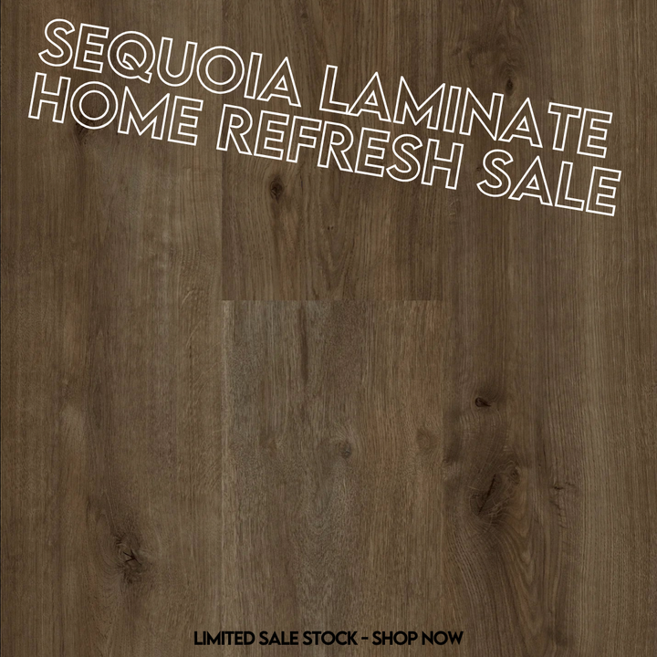 Sequoia laminate flooring with promotional text overlay on a wooden background