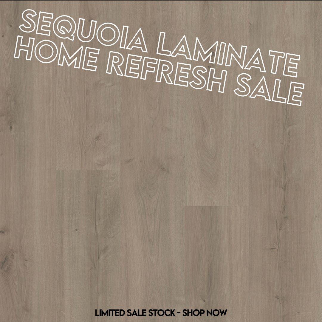 Sequoia Laminate Home Refresh Sale text on a wooden background
