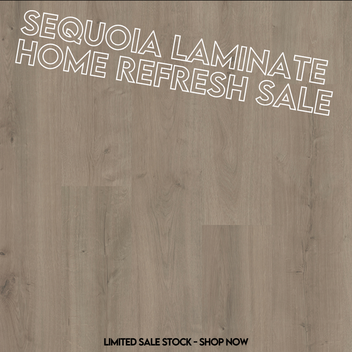 Sequoia Laminate Home Refresh Sale text on a wooden background