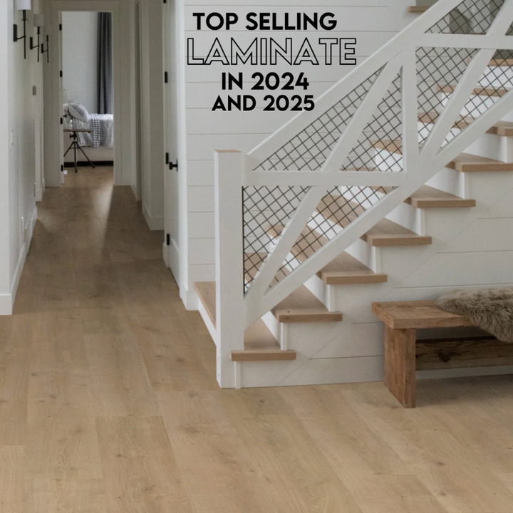 Wooden floor with staircase and bench, featuring text about top selling laminate for 2024 and 2025.