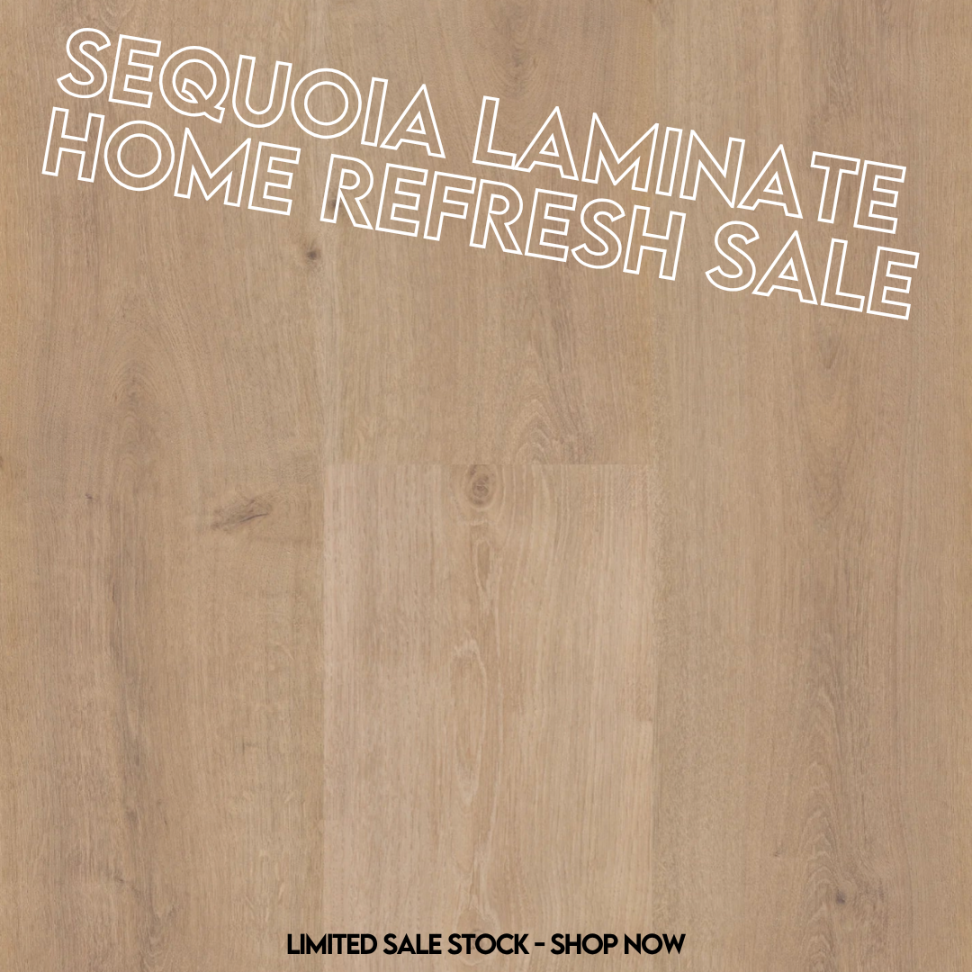 Sequoia Laminate Home Refresh Sale text on a wooden background