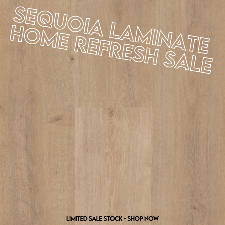 Sequoia Laminate Home Refresh Sale text on a wooden background